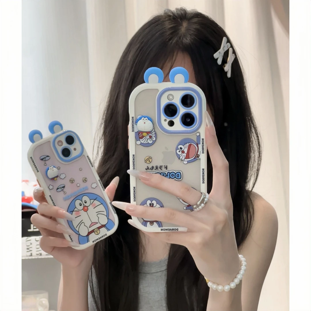 可爱蓝胖子立体耳朵适用苹果16promax手机壳华为p7vivo小米15oppo