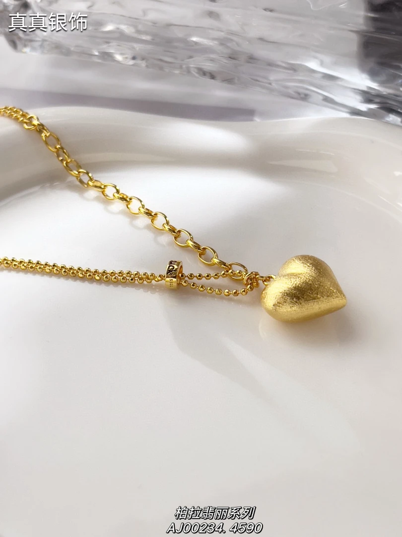 坠链均925银 s925纯银爱心小众休闲金色项链镀金45+5cm