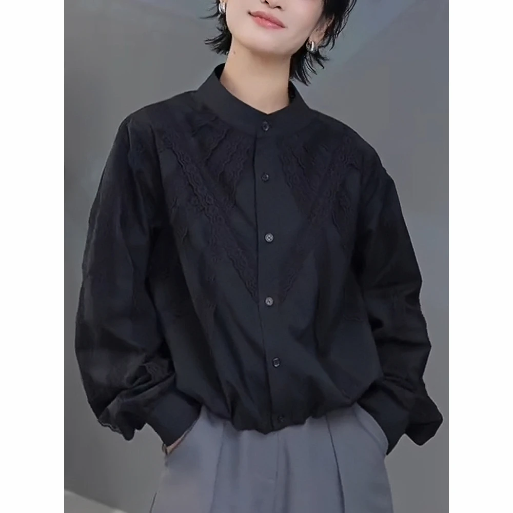 立领长袖衬衫女早秋2025新款宽松时尚显瘦设计感蕾丝拼接气质上衣