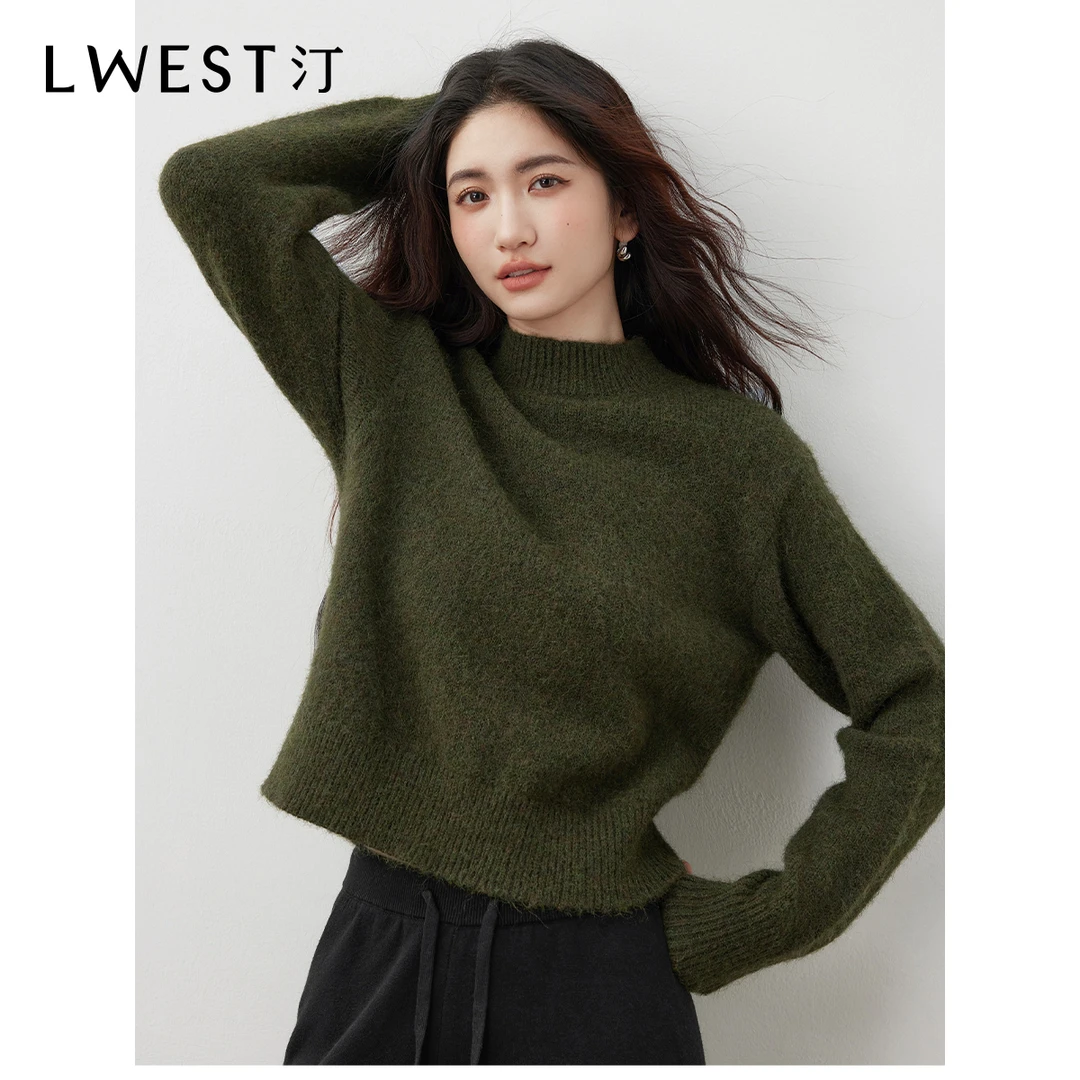 T朗文斯汀绿色圆领针织衫2025冬季新款宽松直筒显瘦软糯套头毛衣