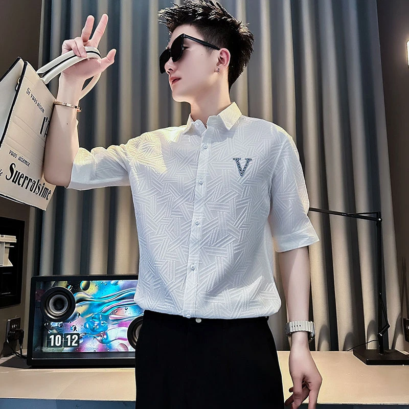 提花衬衫男士短袖夏季2025新款高级感男装英伦痞帅五分袖休闲衬衣
