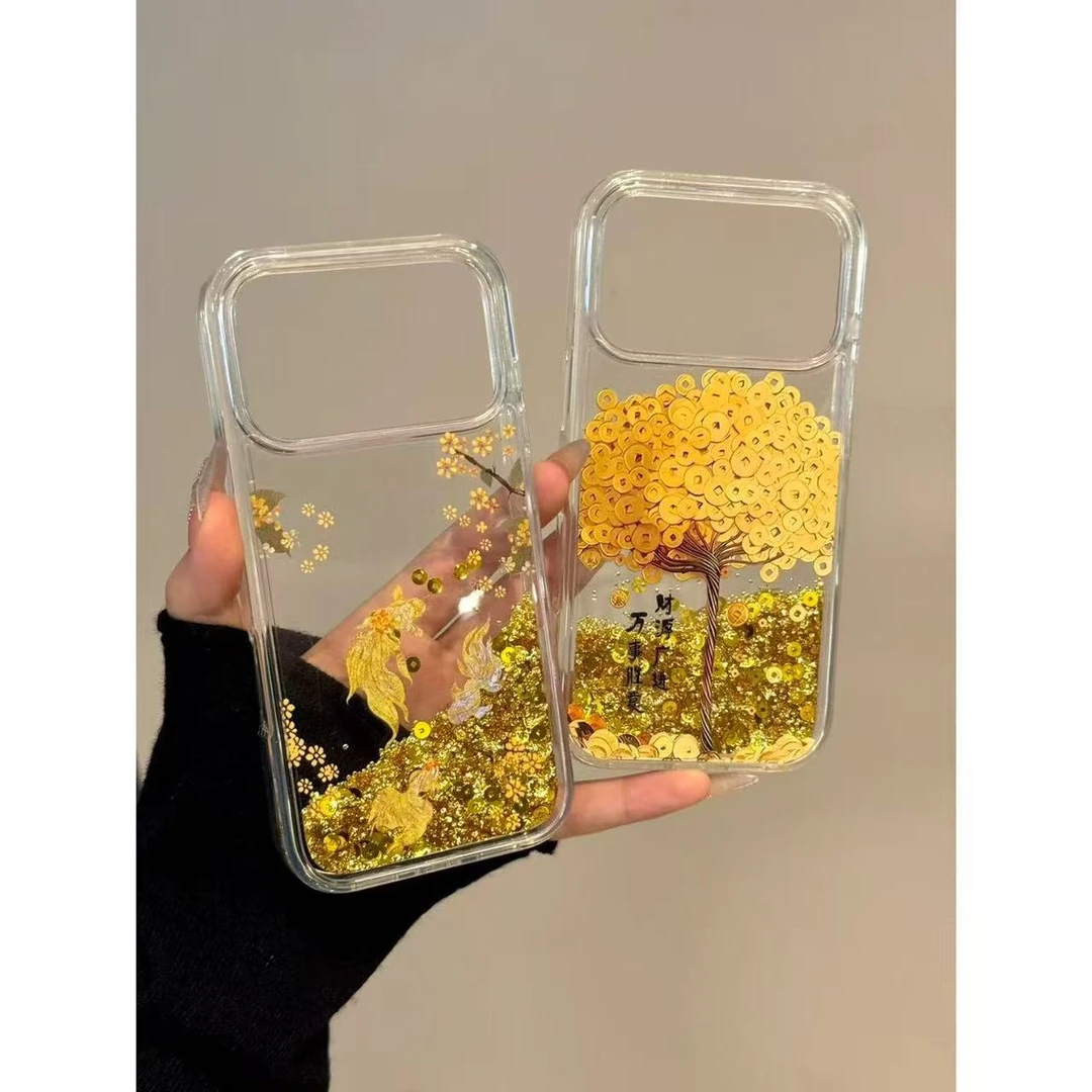 金箔流沙闪粉招财树金鲤碎花适用iPhone17promax苹果15手机壳16pr