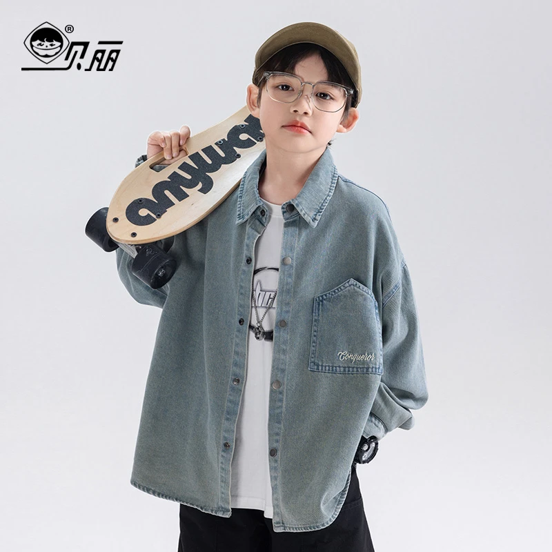 2025新款春装男童休闲洋气牛仔外套儿童春款牛仔衬衫中大童衬衣潮