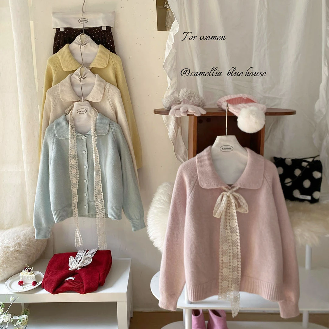 蕾丝系带蝴蝶结娃娃翻领毛衣开衫女冬季温柔宽松显瘦软糯针织外套