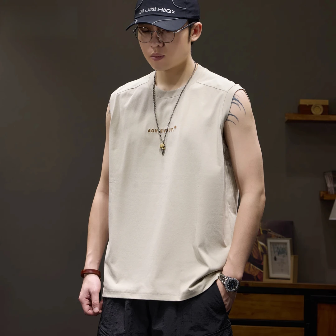 科技凉感速干防晒无袖背心男士夏季宽松时尚刺绣休闲上衣运动坎肩