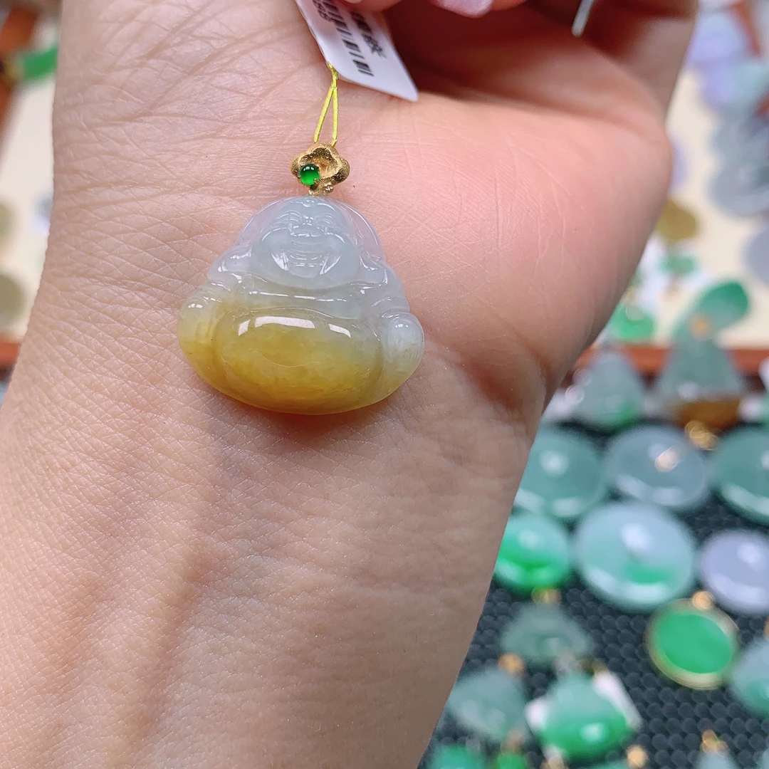 缅甸天然A货翡翠，冰润黄翡佛公 编号13/418尺寸19.7-22.2-5.6