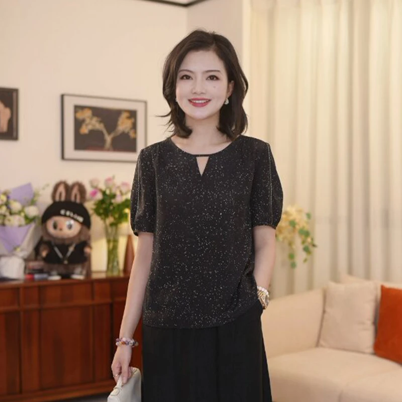 枫竺女装阿楠anan100桑蚕丝双绉圆领镂空印花真丝小衫女夏季衬衣