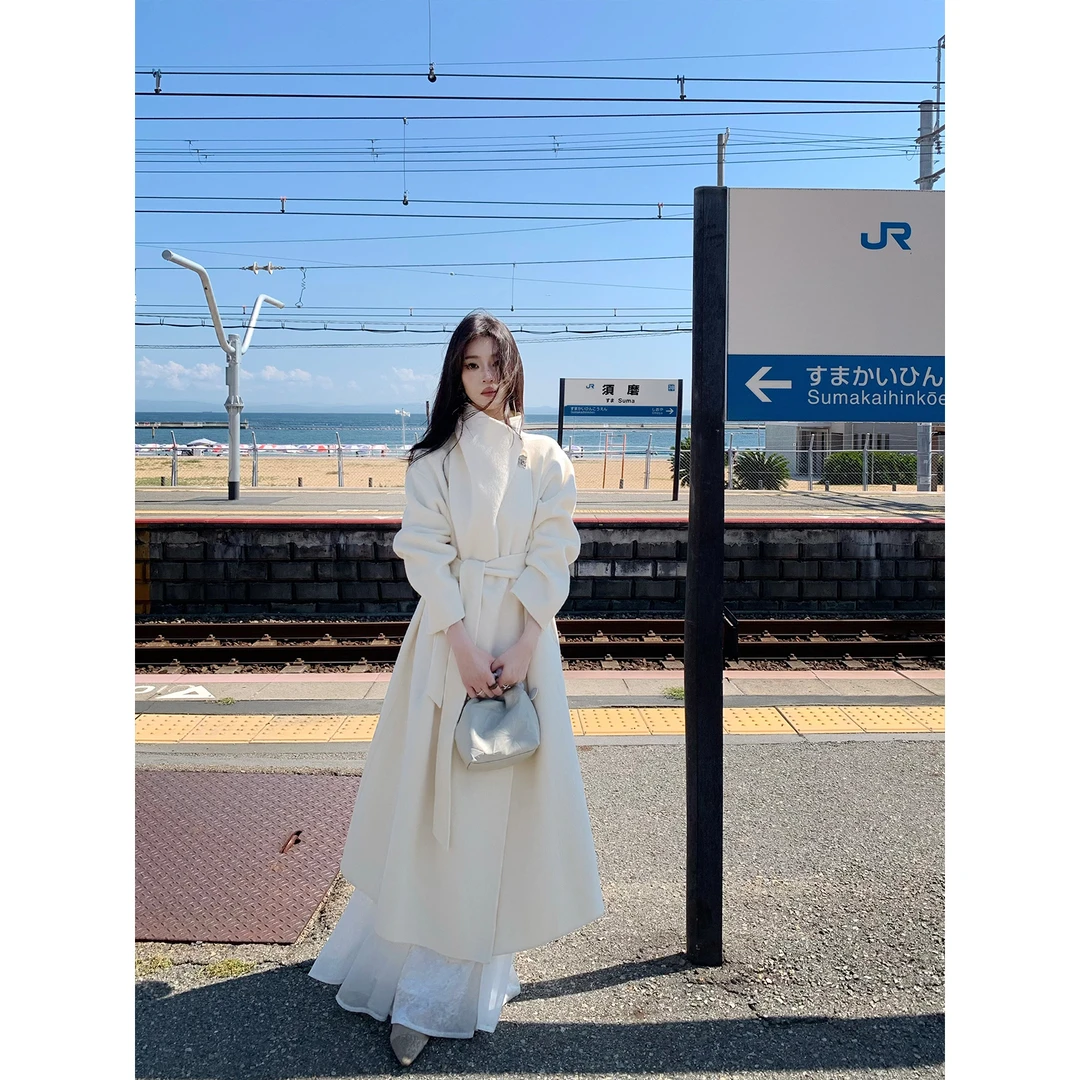 ICELOLLY富家千金感长款毛呢外套女2025新款巨好看双面呢羊毛大衣