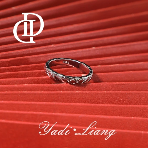 925银戒指 梁雅帝新品【小香风菱格纹】简约时尚百搭纯银戒指