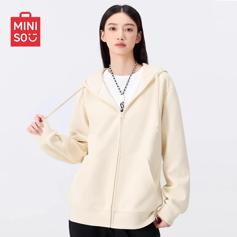 MINISO/名创优品情侣外套早秋潮牌奶杏色宽松休闲慵懒连帽卫衣男