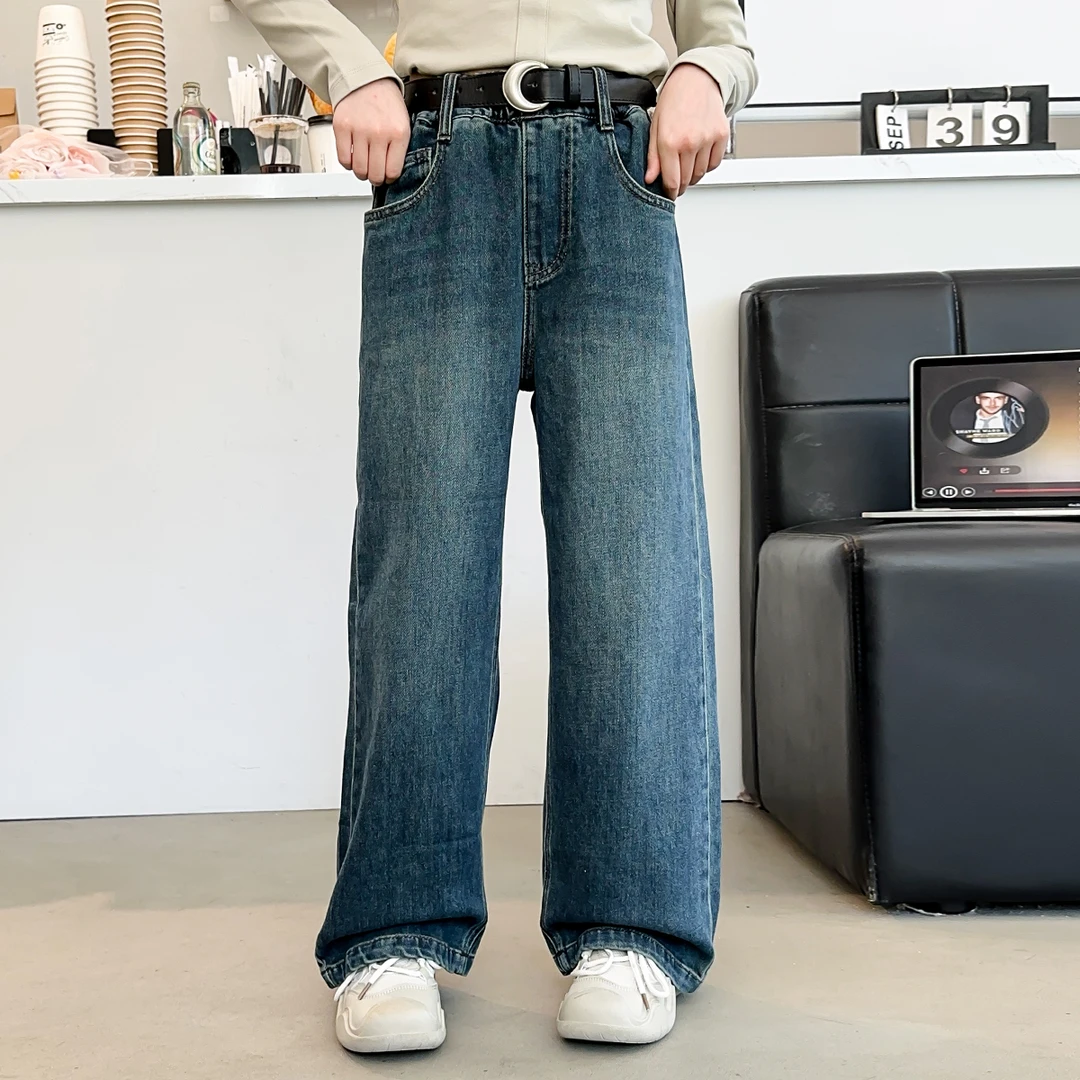 女童牛仔裤2025春秋新款女中大童高腰窄版阔腿裤显瘦直筒裤子百搭