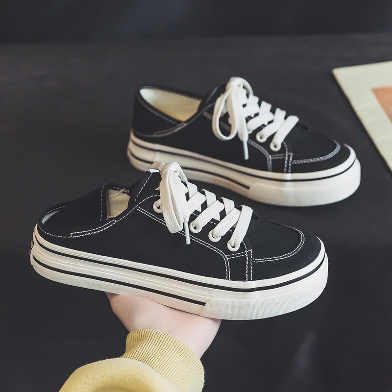 人本脚踩两穿帆布鞋女夏季透气平底运动板鞋休闲百搭低帮半拖单鞋