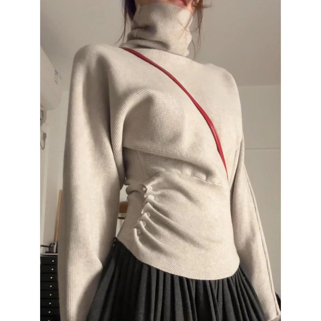 设计感抽褶高领毛衣针织打底衫女秋冬季内搭洋气收腰显瘦气质上衣