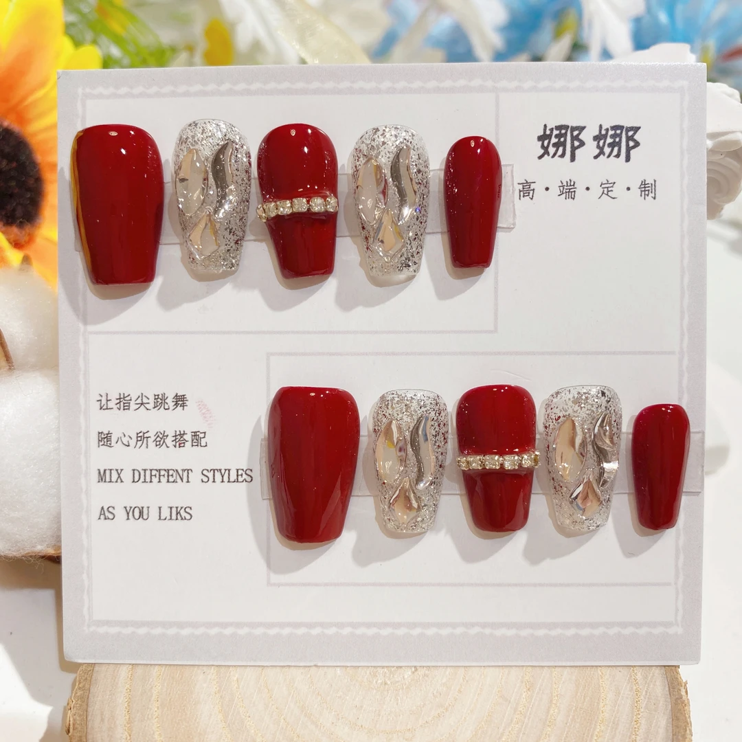 可拆穿戴甲假指甲贴片 爆款百搭安可拉红闪钻款 手工光疗美甲成品