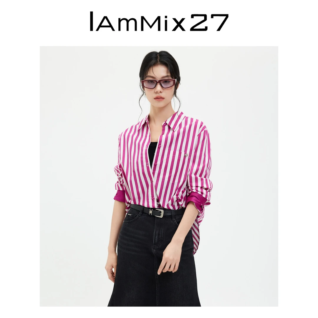 Iammix27宽松翻领衬衫简约撞色条纹长袖防晒休闲M4C2211