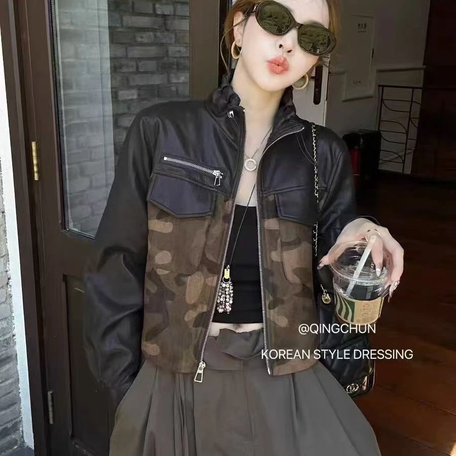 高级感麂皮外套女款秋2025新款巨好看的立领长袖迷彩正肩夹克上衣