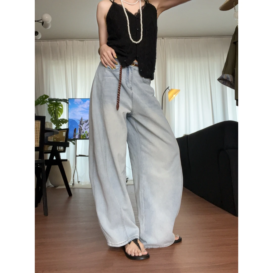 水洗浅蓝弯刀牛仔裤女2025年夏季薄款宽松显瘦拖地百搭慵懒阔腿裤