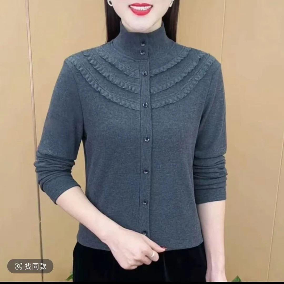2025秋季新款德绒花边领洋气百搭简单时尚显瘦遮肉打底上衣