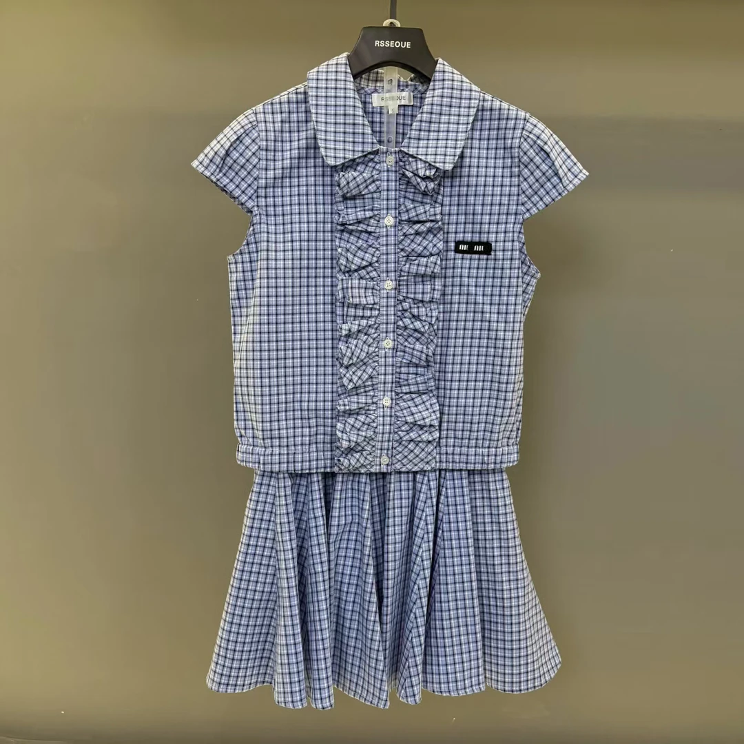 蓝色格子衬衫2025夏季新款甜美学院风拼接荷叶边衬衣蓬蓬半身裙女