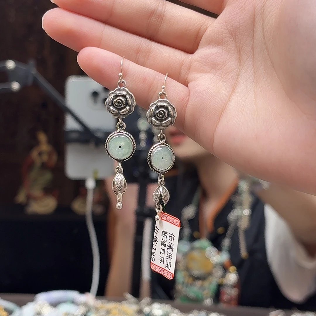 翡翠银S925镶嵌耳饰耳环