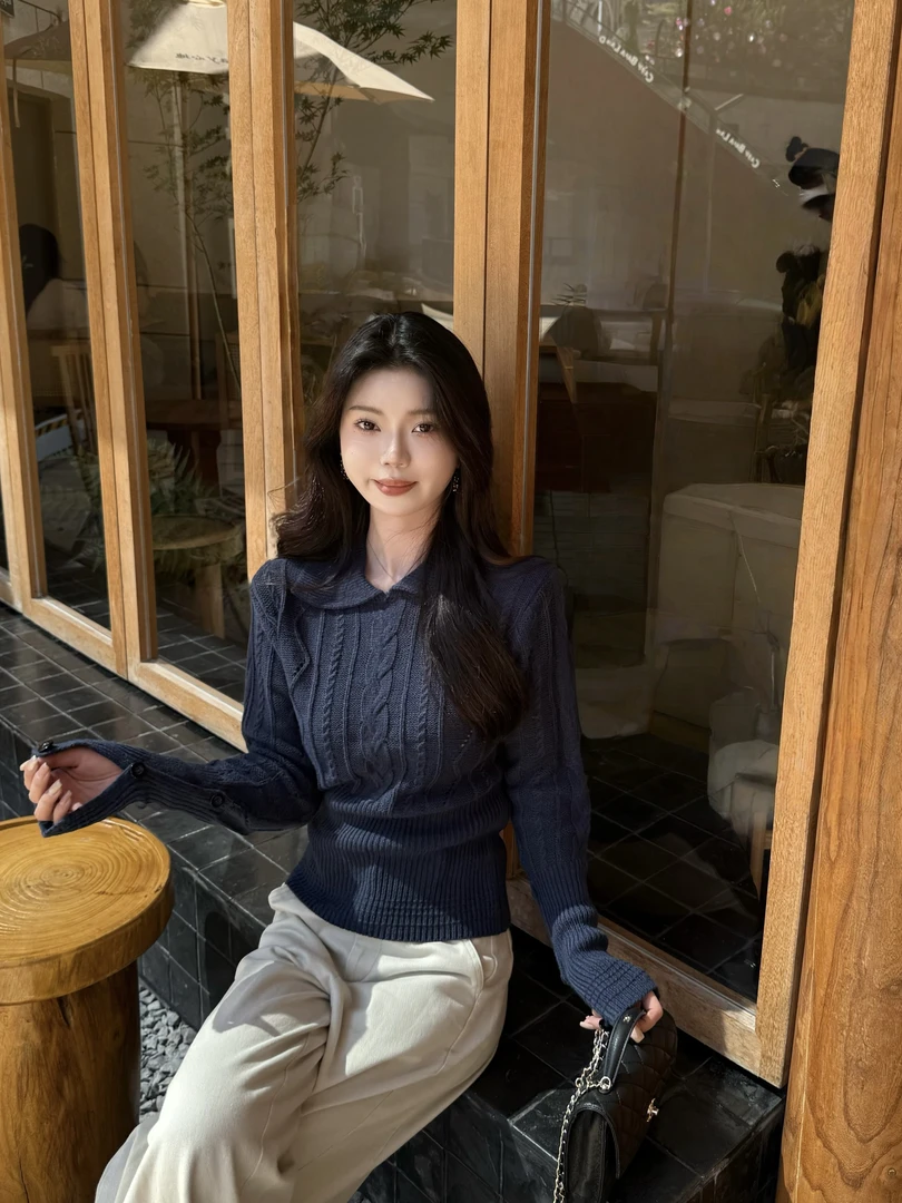 【蓝调时刻】韩系翻领重工麻花长袖毛衣秋季收腰针织衫设计感上衣女