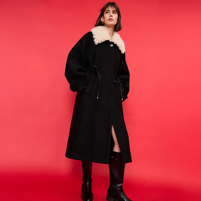 LILY冬季新款绵羊毛可拆卸毛领宽松休闲女装毛呢外套124439FN990