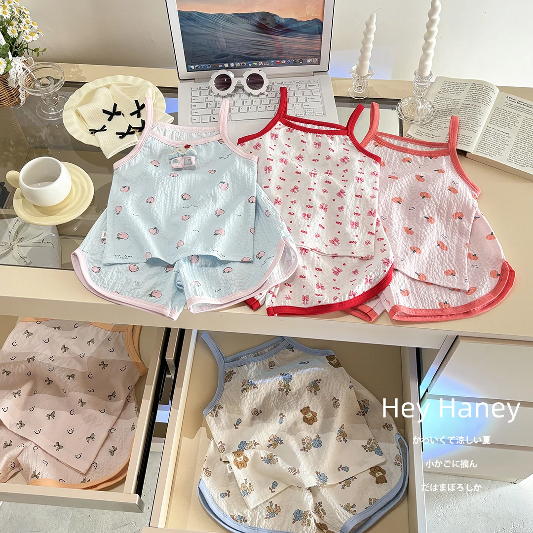 2025夏季新款儿童吊带套装女童韩版背心睡衣宝宝薄款泡芙棉家居服