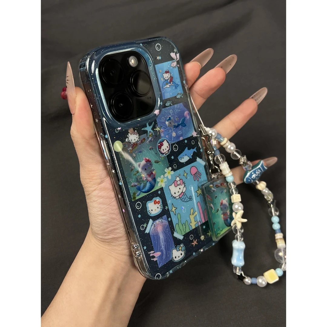 可爱卡通透蓝海底kitty美人鱼适用于iPhone16promax新款手机壳