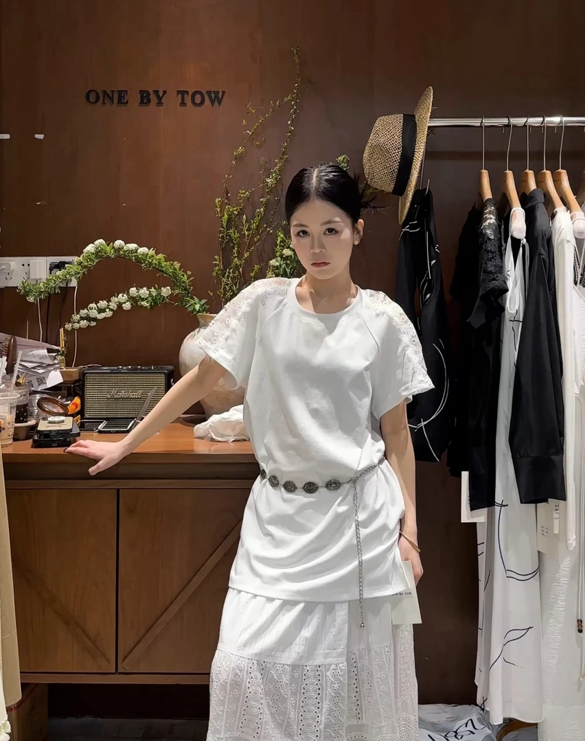 福秒-棉料的！蕾丝拼接夏季薄款T恤（BY27315#）OBT