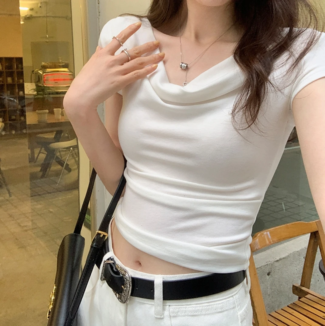 设计感荡领一字肩短袖T恤女2025夏季修身辣妹修身露肩短款上衣潮