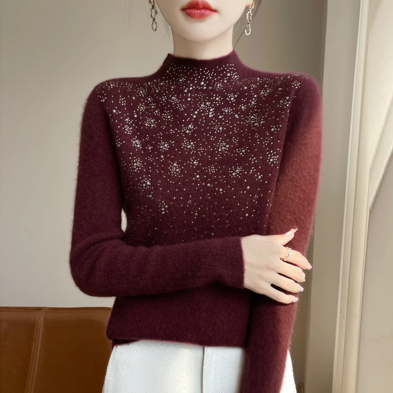 【一线成衣全无缝】360克加厚修身烫钻半高领毛衫女显瘦柔软打底衫