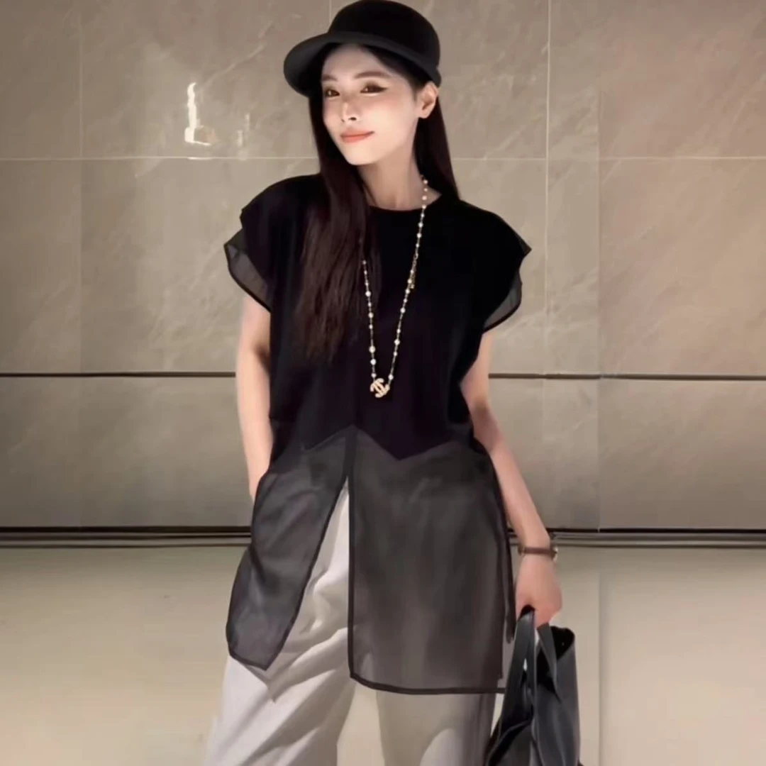 【现货+运费补贴】夏新款飞飞袖设计感拼接网纱上衣女宽松显瘦上衣