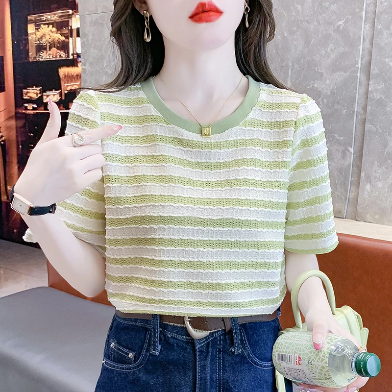 冰丝镂空条纹短袖t恤女士2025年夏季新款洋气减龄小衫小个子上衣