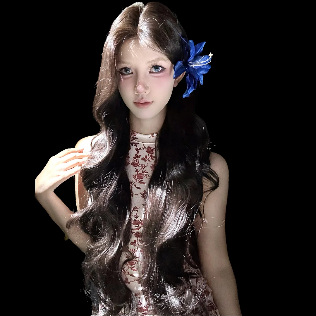 前蕾丝假发黑茶色女超长卷发全头套中分八字刘海波浪洛丽塔lolita