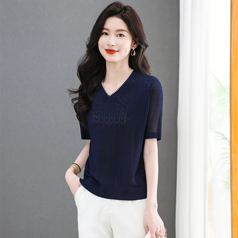 冰丝镂空短袖v领t恤女夏装薄款半袖上衣显瘦宽松大码遮肚子针织衫