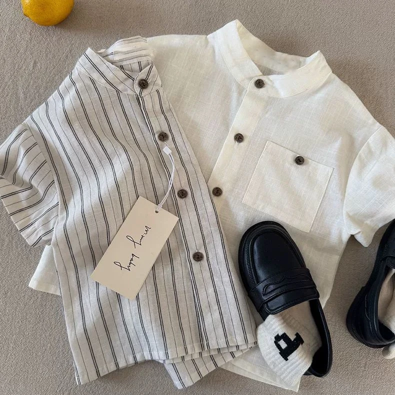 儿童洋气条纹短袖衬衫2025夏季新款中小童薄款透气休闲夏装衬衣潮