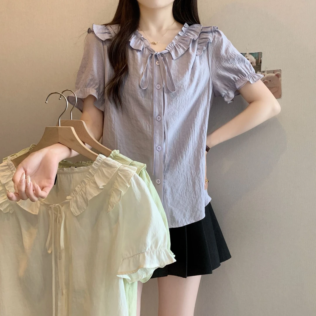 大码美美哒2025夏装甜美法式短袖衬衫系带木耳边气质上衣64226