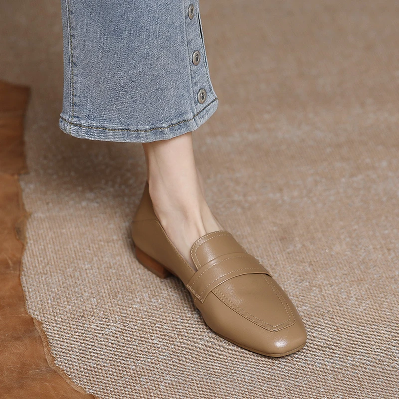 通勤百搭~秋冬新款简约方头乐福鞋平跟软皮小皮鞋一脚蹬女单鞋