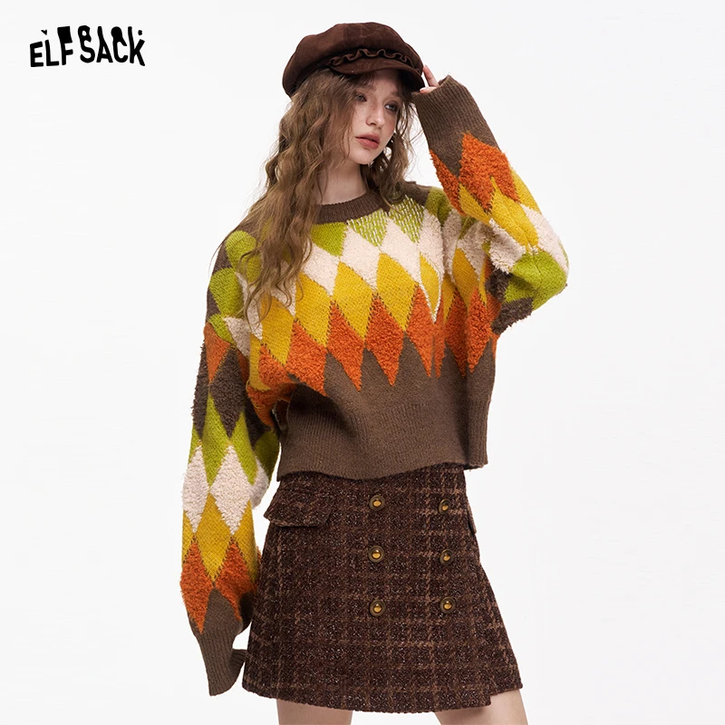 【云c专享】妖精的口袋秋冬新款毛衣复古宽松菱格针织套头