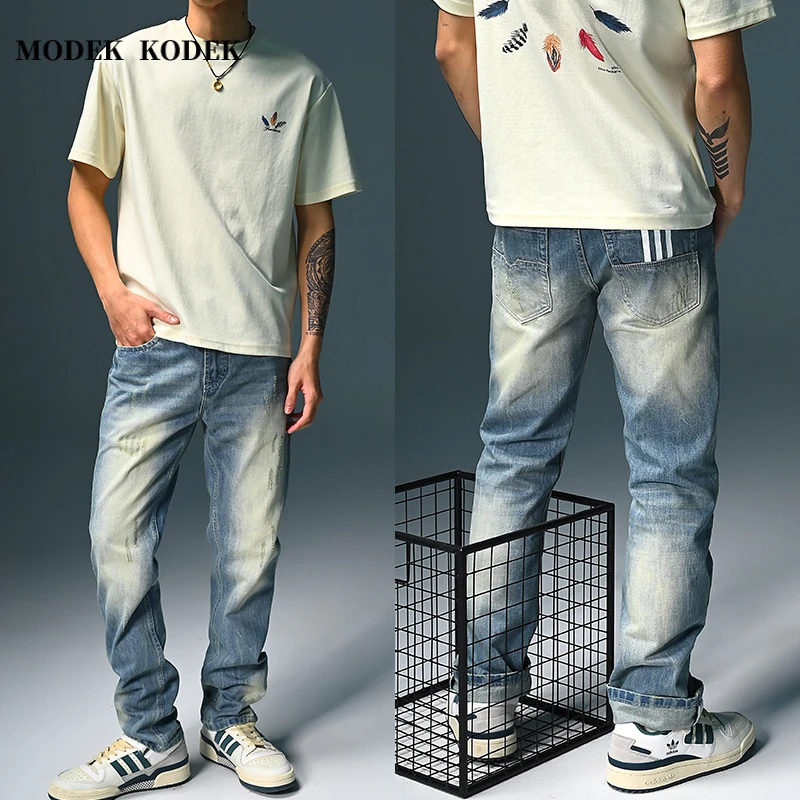 MODEK KODEK高品质潮牌男士破洞水洗长裤秋季新款宽松直筒牛仔裤