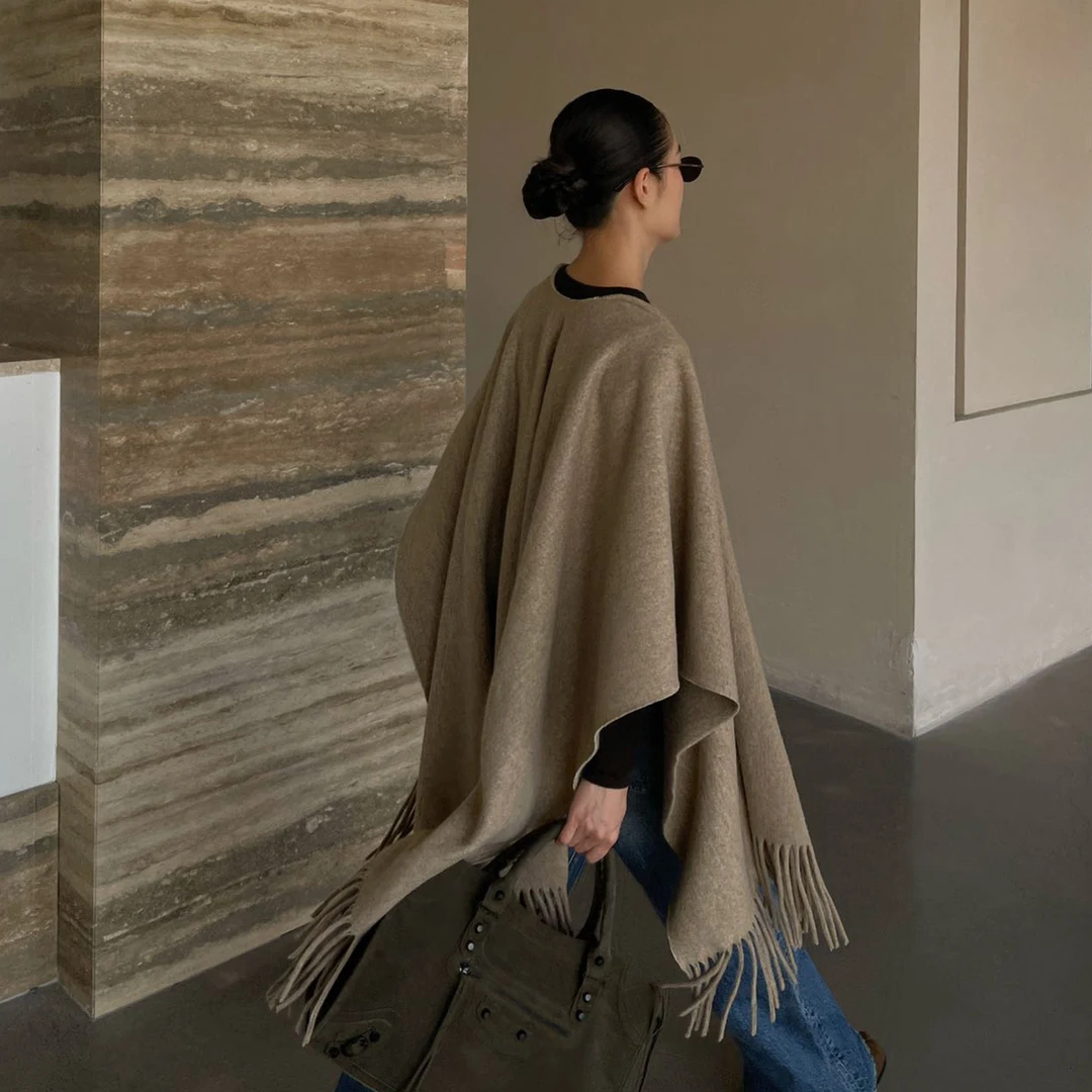 PURITY YH老钱风简约高宽松流苏羊毛披肩斗篷百搭纯色大围巾外搭