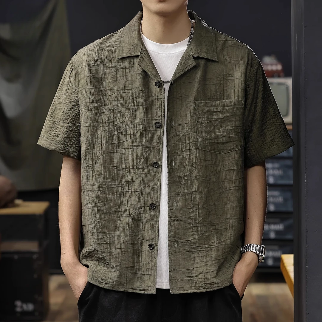 天丝凉感提花工装短袖衬衫男2025爆款美式翻领宽松半袖t恤潮