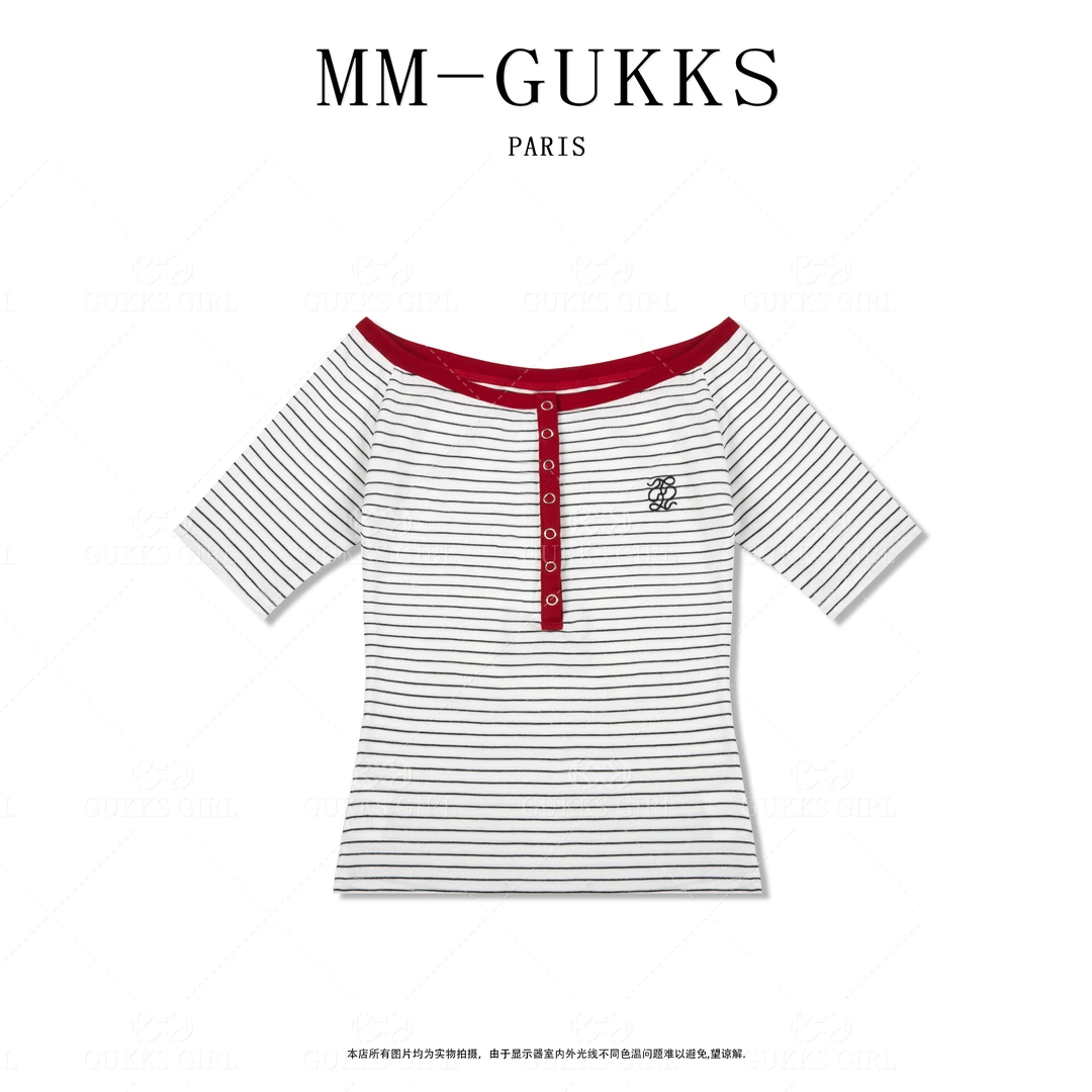 明明GUKKS『云朵』夏季条纹一字领露肩设计感T恤上衣 T2202