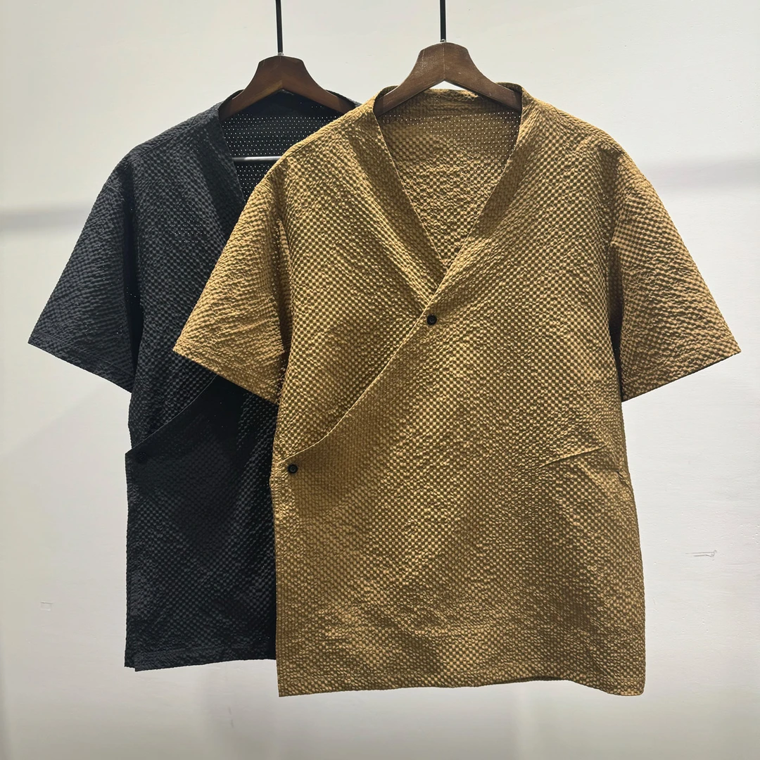 夏季简约时尚交叉V领T恤男士镂空透气舒适休闲INS潮流百搭上衣