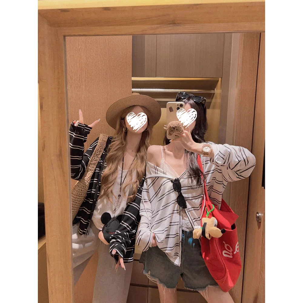 条纹连帽防晒衣外套女2025新款夏季薄款透气开衫时尚百搭长袖上衣