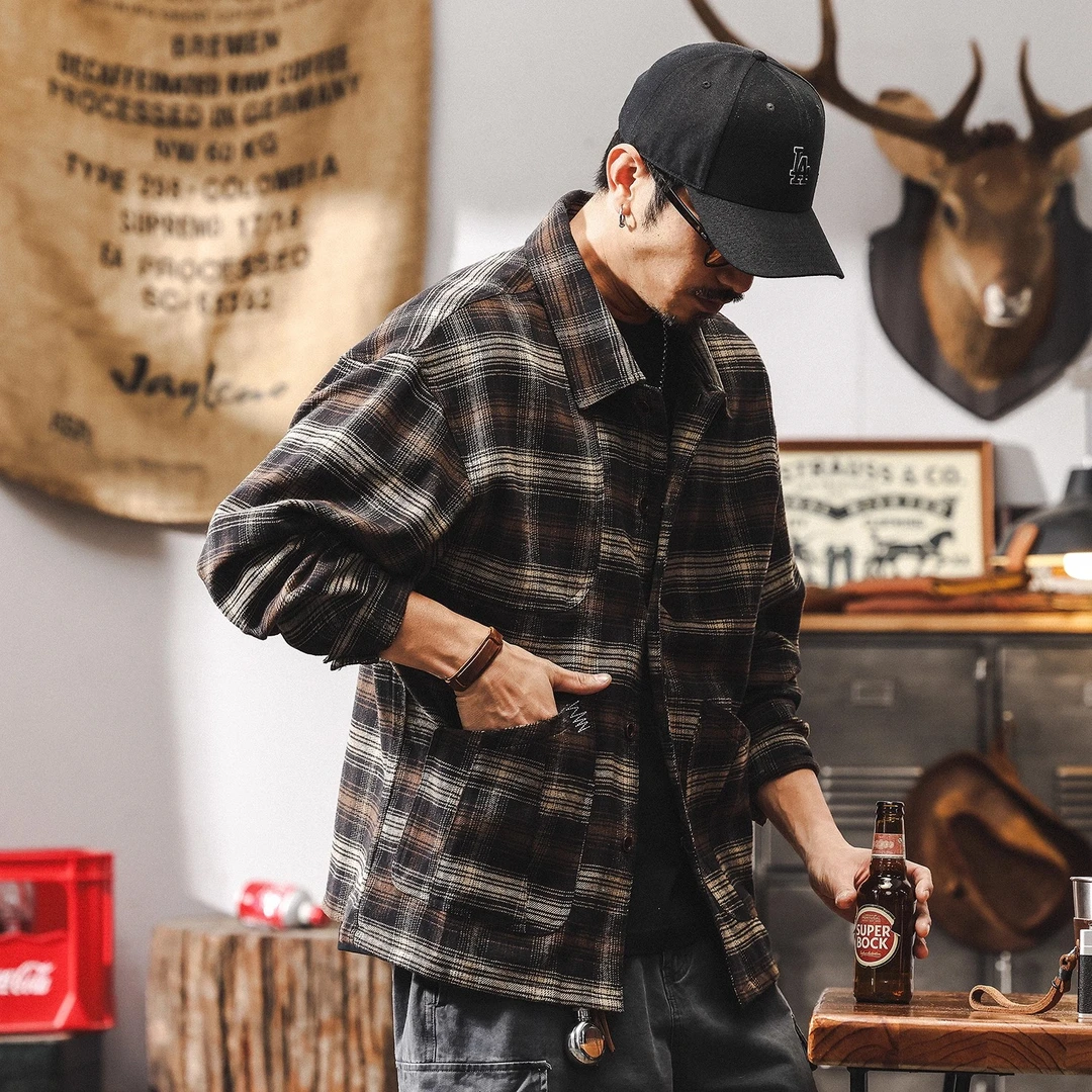 美式复古格子衬衫男长袖秋季新款2025潮牌日系宽松休闲衬衣外套潮