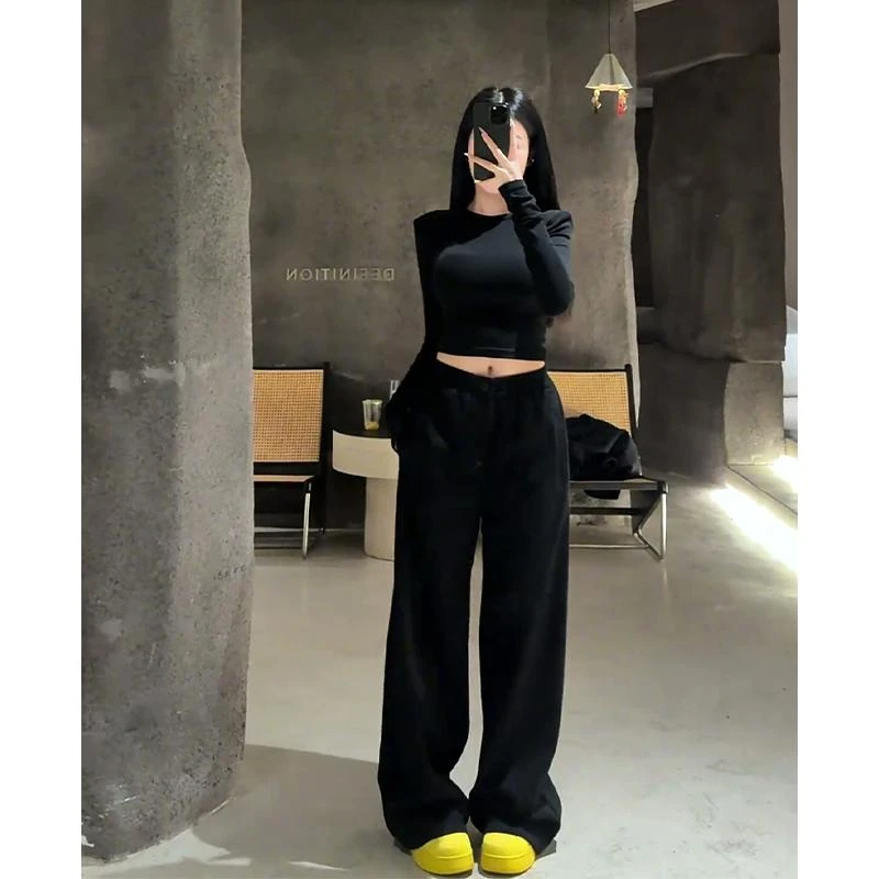 韩系穿搭修身短款圆领长袖上衣洋气休闲气质高腰显瘦阔腿裤套装