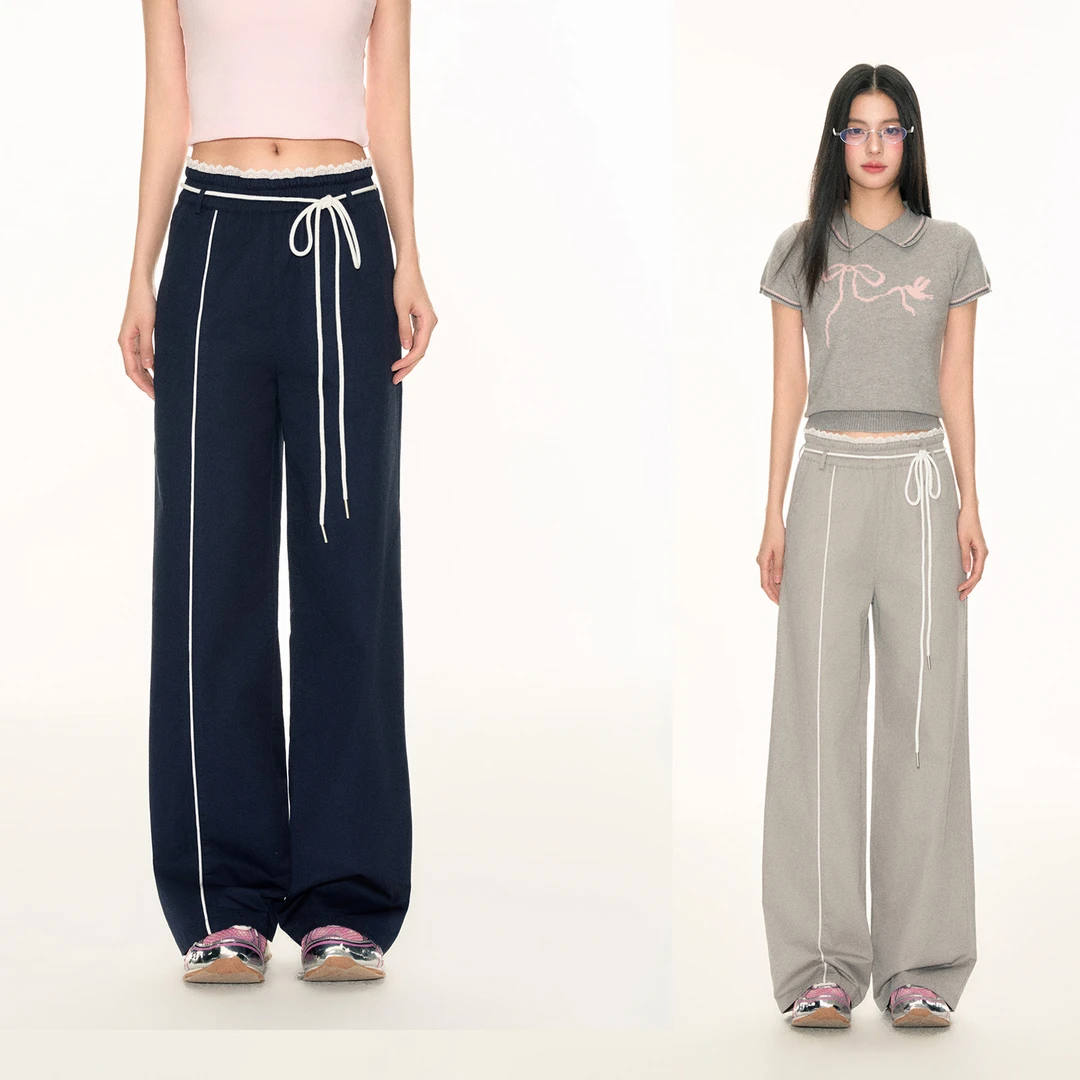 FPMZ韩系蕾丝边腰系带垂感阔腿裤休闲运动工装裤直筒长裤显瘦薄款