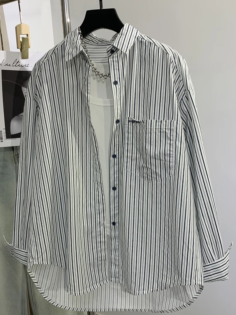 黑白条纹衬衫女长袖2025秋季新款宽松减龄百搭单口袋上衣