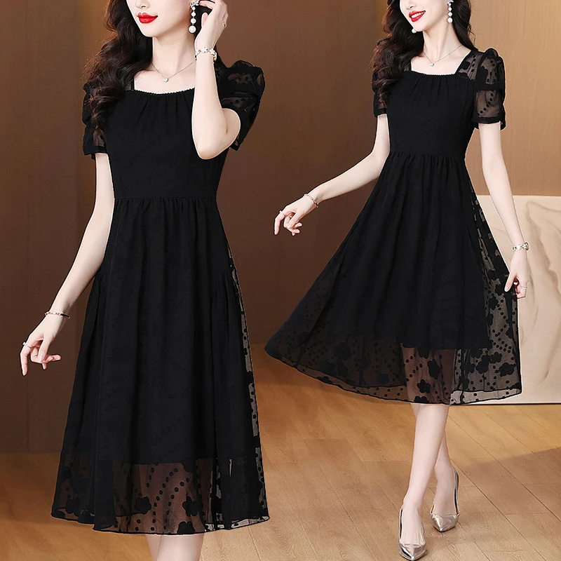 xrxm3921时尚优雅通勤连衣裙2025夏季新款泡泡袖短袖气质高腰长裙